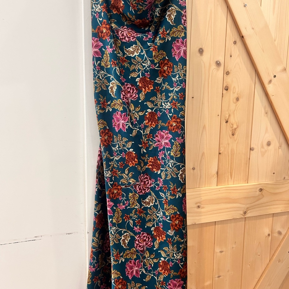 Inspired Hearts Teal Floral Midi Dress with Pink and Orange Accents